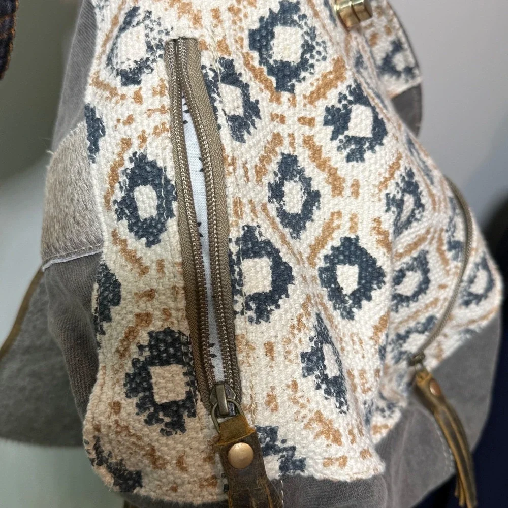 Myra Bag Backpack Med Gray Brown Boho Canvas Leather Hair-On Southwestern Boho